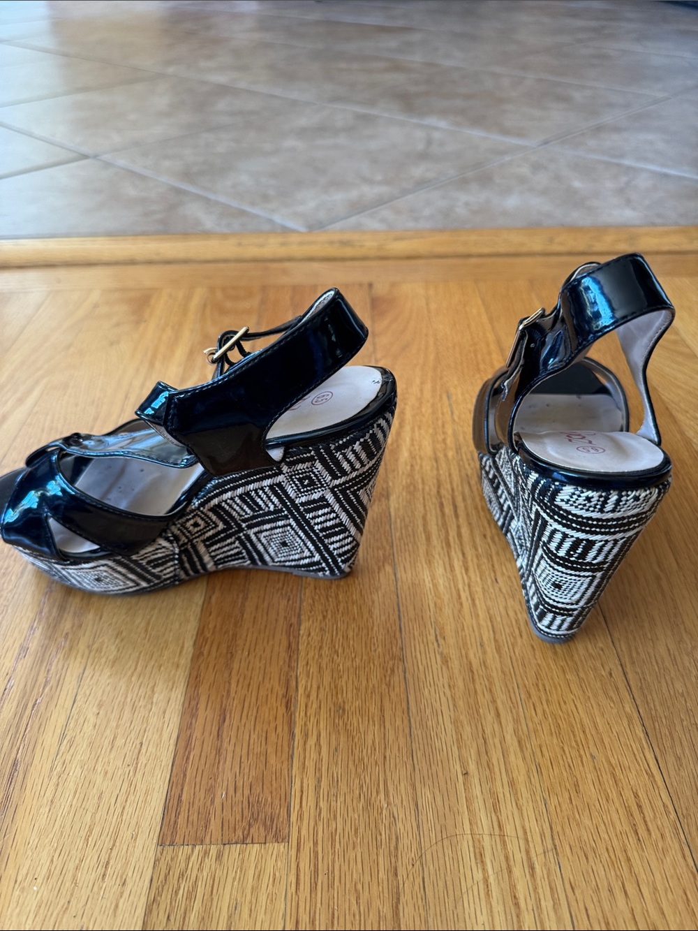 Black Patent Wedge Sandals with Geometric Patterned Platform